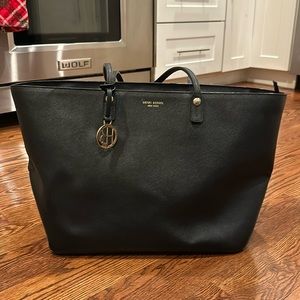 Henri Bendel Black Crossgrain Leather Top Handle Large Tote Bag